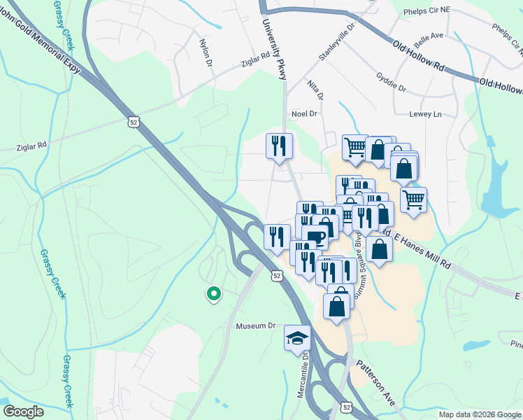 map of restaurants, bars, coffee shops, grocery stores, and more near 230 Sun View Road in Winston-Salem