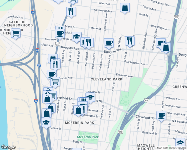 map of restaurants, bars, coffee shops, grocery stores, and more near 1105 Pennock Avenue in Nashville