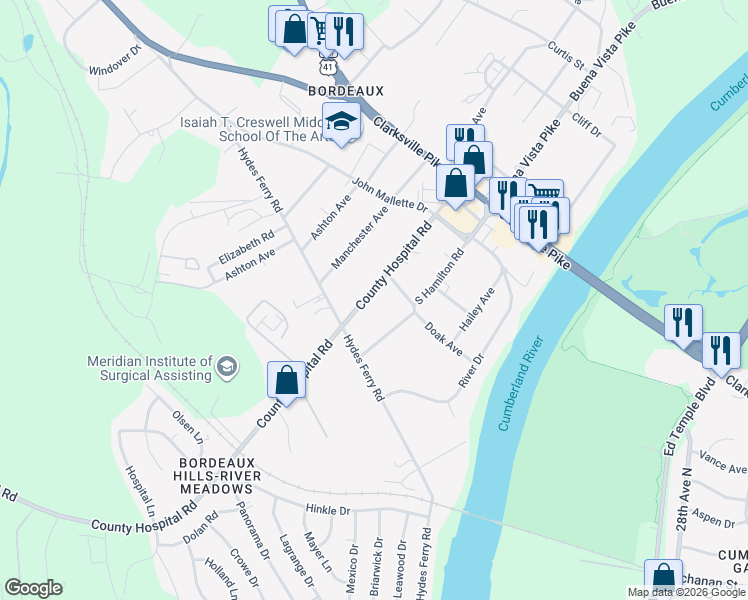 map of restaurants, bars, coffee shops, grocery stores, and more near 1720 County Hospital Road in Nashville