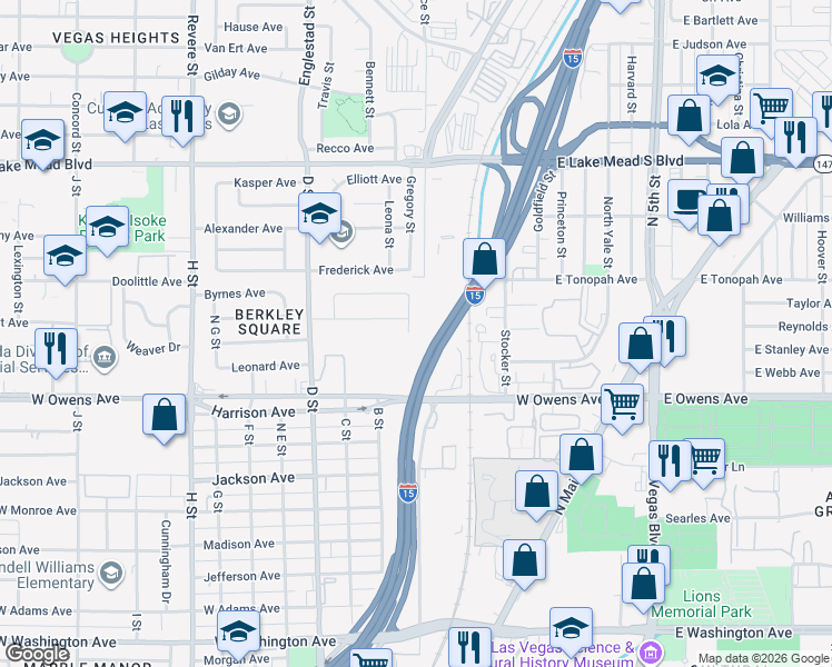 map of restaurants, bars, coffee shops, grocery stores, and more near 1643 Cadillac Lane in Las Vegas
