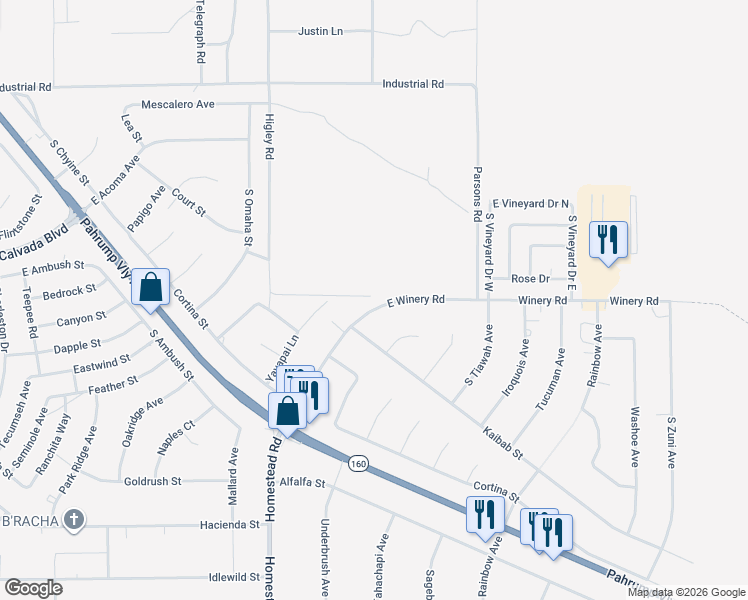 map of restaurants, bars, coffee shops, grocery stores, and more near 3280 Winery Road in Pahrump