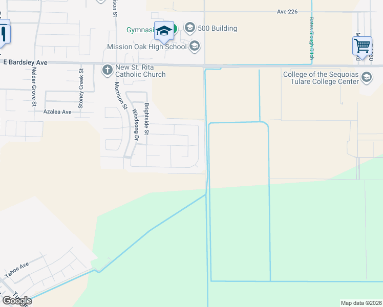map of restaurants, bars, coffee shops, grocery stores, and more near 1678 Sirocco Street in Tulare