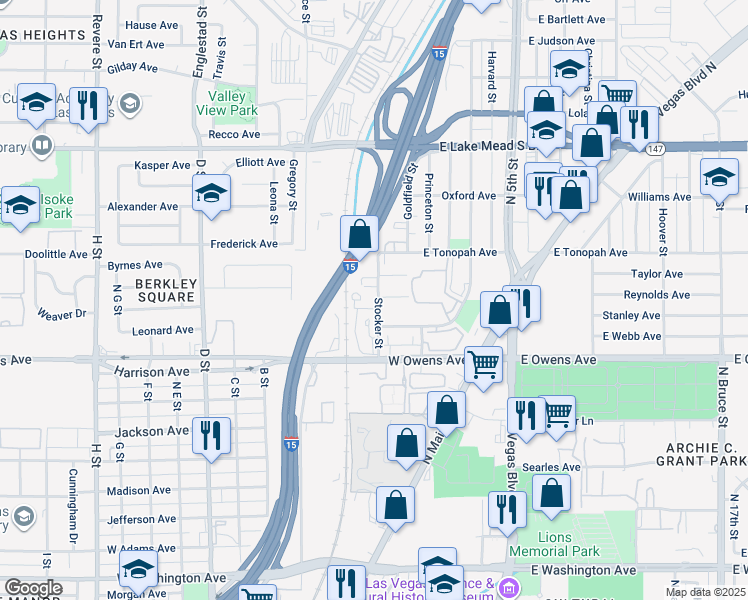 map of restaurants, bars, coffee shops, grocery stores, and more near 1653 Stocker Street in North Las Vegas