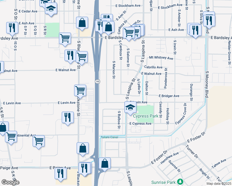 map of restaurants, bars, coffee shops, grocery stores, and more near 1685 South Marion Street in Tulare
