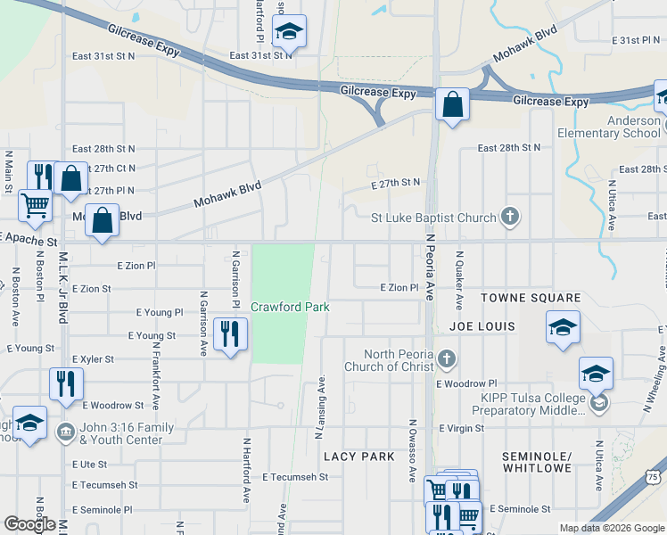 map of restaurants, bars, coffee shops, grocery stores, and more near 2541 North Lansing Avenue in Tulsa