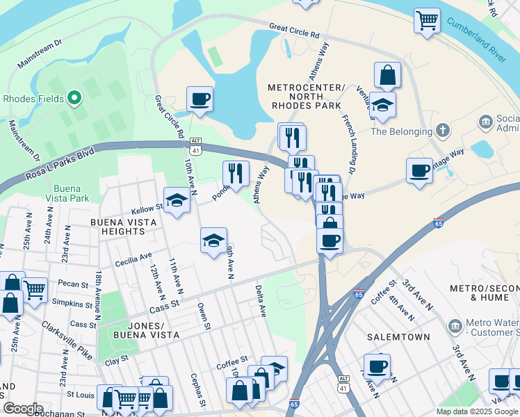 map of restaurants, bars, coffee shops, grocery stores, and more near 330 Athens Way in Nashville