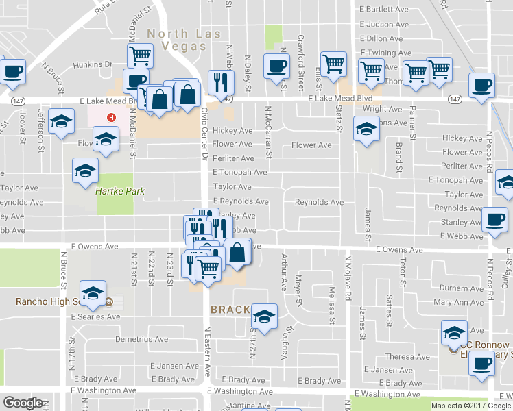 map of restaurants, bars, coffee shops, grocery stores, and more near 2617 Reynolds Avenue in North Las Vegas