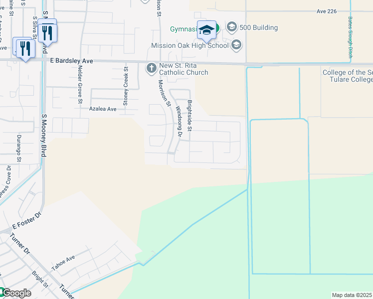 map of restaurants, bars, coffee shops, grocery stores, and more near 1653 Brightside Street in Tulare