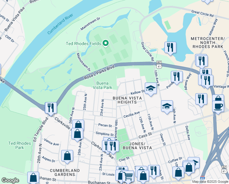 map of restaurants, bars, coffee shops, grocery stores, and more near 2405 18th Avenue North in Nashville