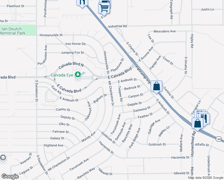 map of restaurants, bars, coffee shops, grocery stores, and more near 105 South Mount Charleston Drive East in Pahrump