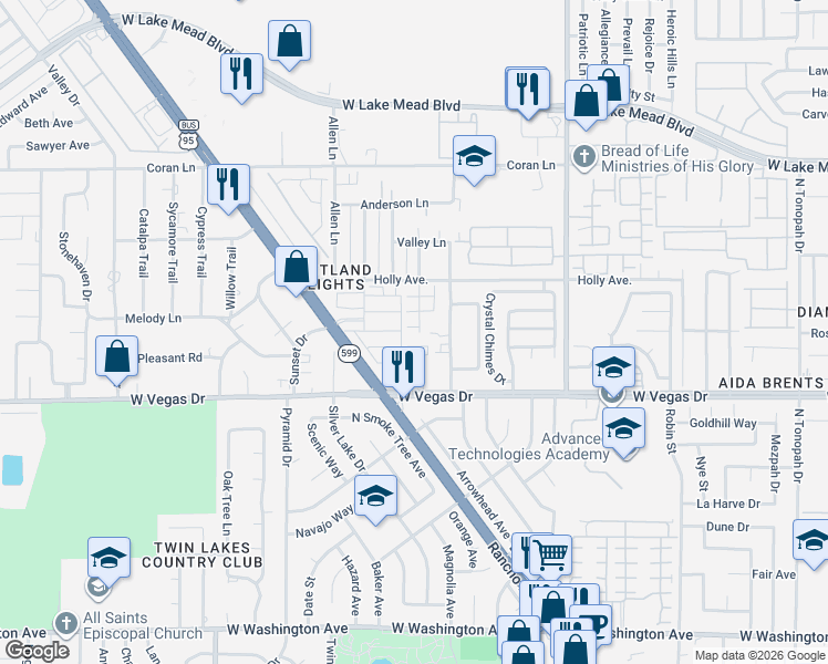 map of restaurants, bars, coffee shops, grocery stores, and more near 3411 Amethyst Glen Court in Las Vegas