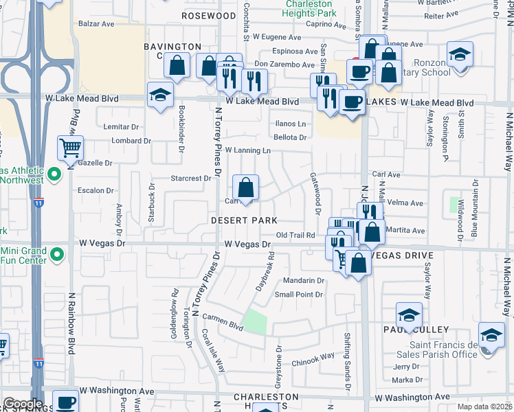 map of restaurants, bars, coffee shops, grocery stores, and more near 1720 Rockcrest Drive in Las Vegas