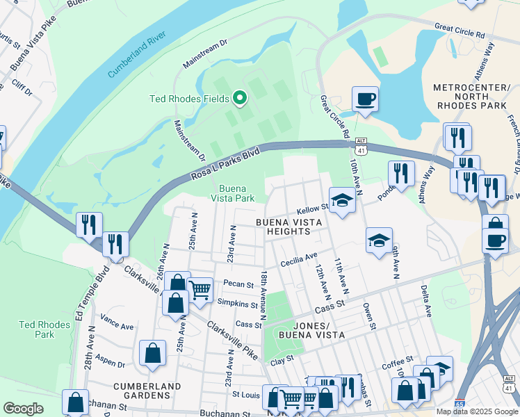 map of restaurants, bars, coffee shops, grocery stores, and more near 2405 18th Ave N in Nashville