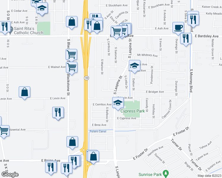 map of restaurants, bars, coffee shops, grocery stores, and more near 1482 East Frances Avenue in Tulare