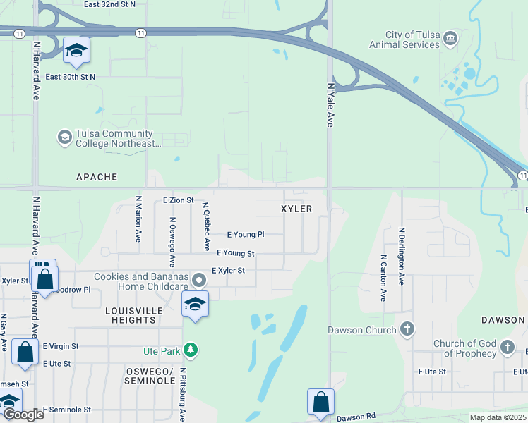 map of restaurants, bars, coffee shops, grocery stores, and more near 4523 East Young Court in Tulsa