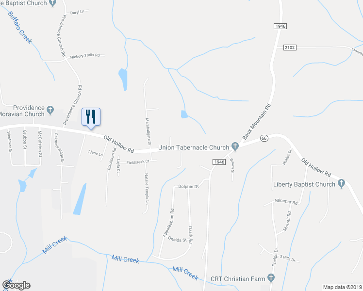 map of restaurants, bars, coffee shops, grocery stores, and more near 1313 Old Hollow Road in Winston-Salem