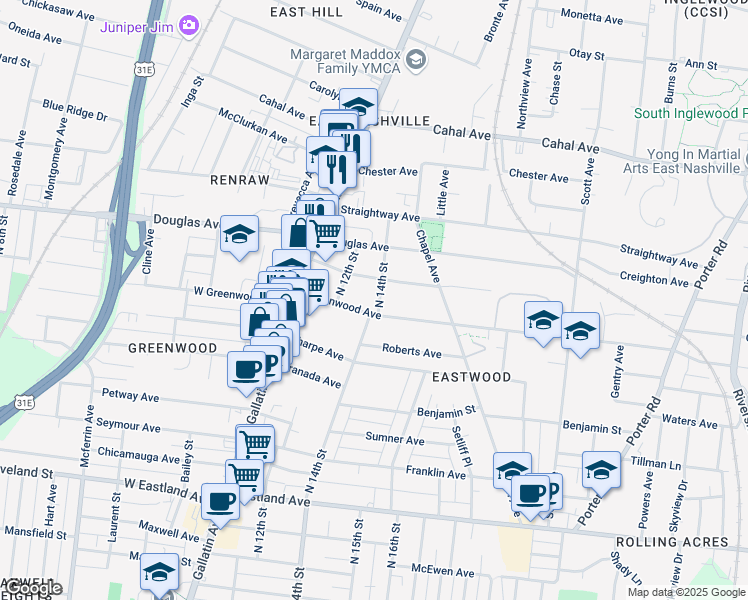 map of restaurants, bars, coffee shops, grocery stores, and more near 1202 North 14th Street in Nashville