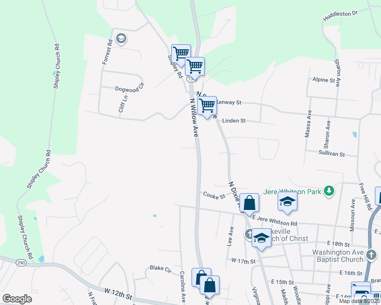 map of restaurants, bars, coffee shops, grocery stores, and more near 2004 North Willow Avenue in Cookeville