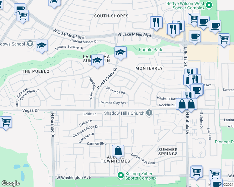 map of restaurants, bars, coffee shops, grocery stores, and more near 8009 Sky Ridge Road in Las Vegas