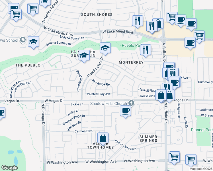 map of restaurants, bars, coffee shops, grocery stores, and more near 7945 Sky Ridge Road in Las Vegas