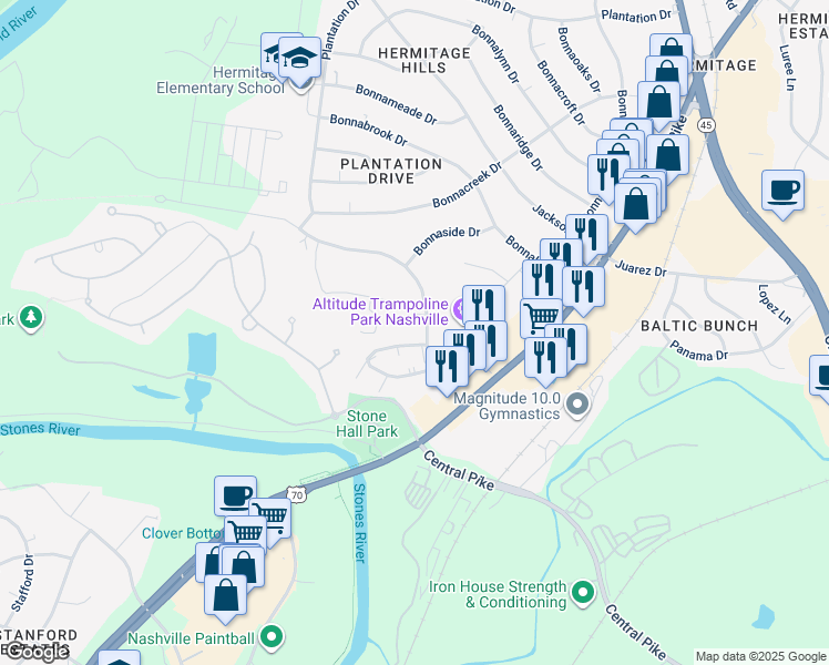 map of restaurants, bars, coffee shops, grocery stores, and more near 2003 Hickory Hill Lane in Nashville