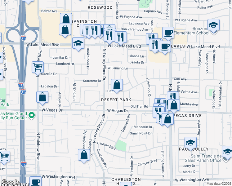 map of restaurants, bars, coffee shops, grocery stores, and more near 6313 Carl Avenue in Las Vegas