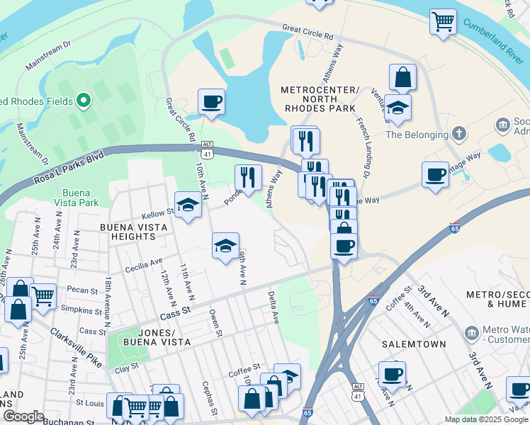 map of restaurants, bars, coffee shops, grocery stores, and more near 339 Athens Way in Nashville