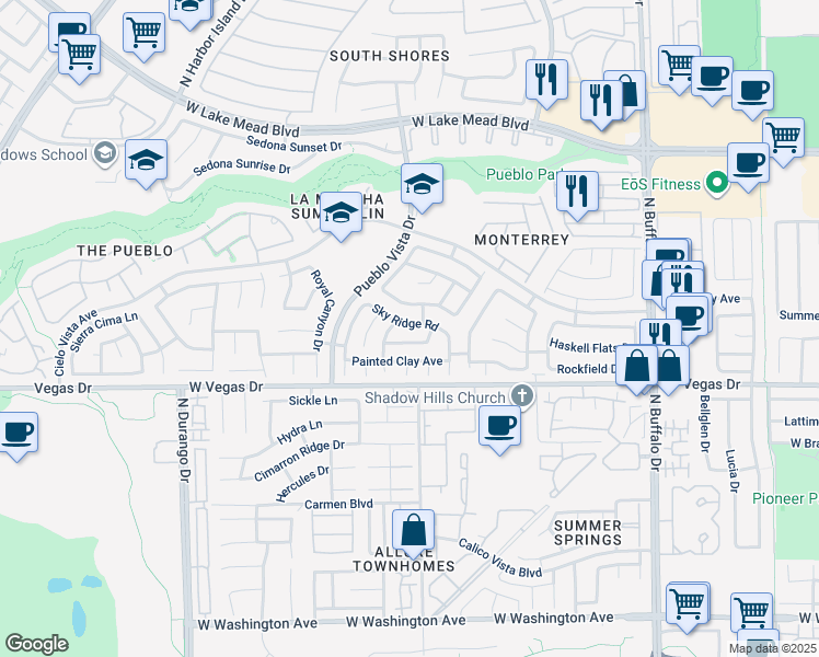 map of restaurants, bars, coffee shops, grocery stores, and more near 8009 Sky Ridge Road in Las Vegas