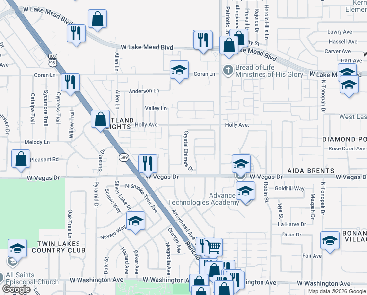 map of restaurants, bars, coffee shops, grocery stores, and more near 1801 Crystal Chimes Drive in Las Vegas
