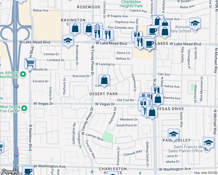 map of restaurants, bars, coffee shops, grocery stores, and more near 1720 Rockcrest Drive in Las Vegas