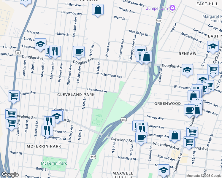 map of restaurants, bars, coffee shops, grocery stores, and more near 1102B North 8th Street in Nashville