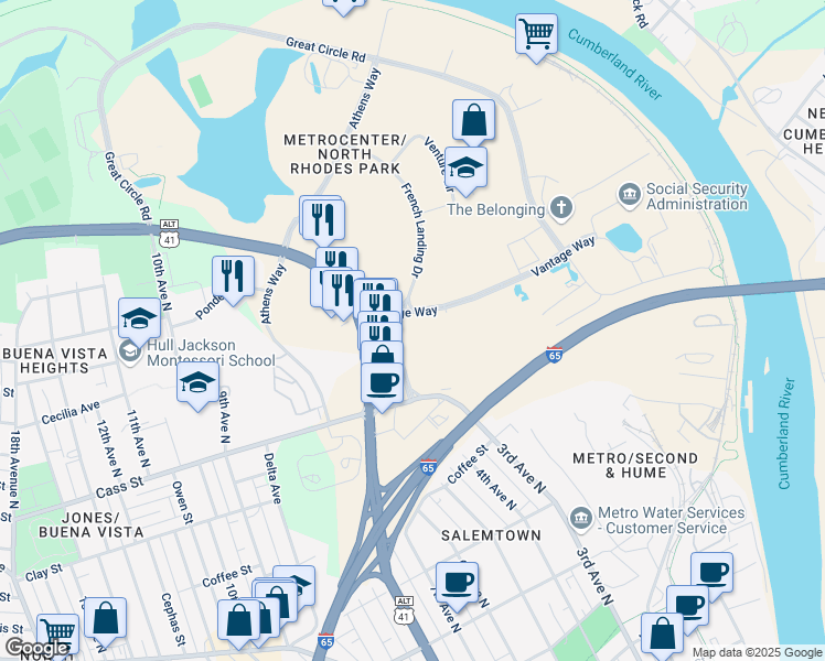 map of restaurants, bars, coffee shops, grocery stores, and more near 148 French Landing Drive in Nashville