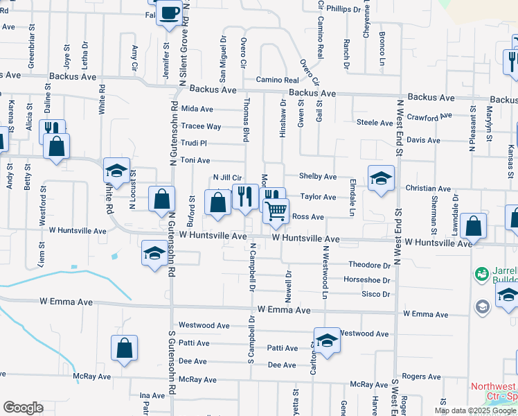 map of restaurants, bars, coffee shops, grocery stores, and more near 605 Thomas Blvd in Springdale