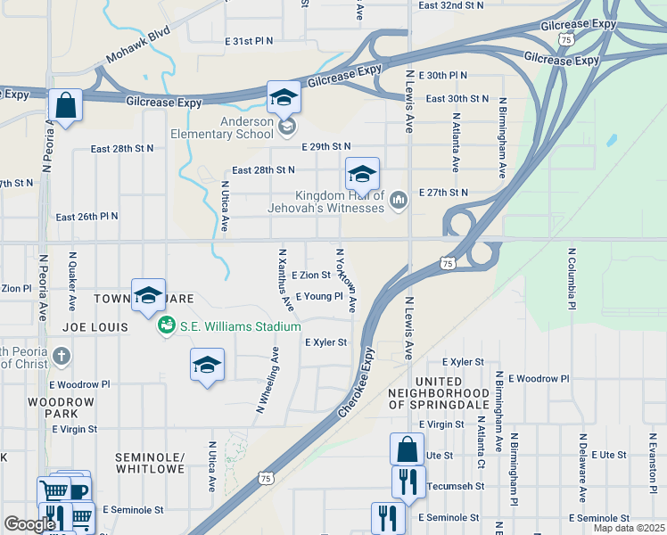 map of restaurants, bars, coffee shops, grocery stores, and more near 2049 East Zion Street in Tulsa