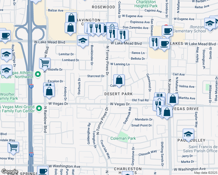 map of restaurants, bars, coffee shops, grocery stores, and more near 6337 Carl Avenue in Las Vegas