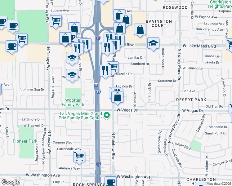 map of restaurants, bars, coffee shops, grocery stores, and more near 1700 Goodrich Circle in Las Vegas