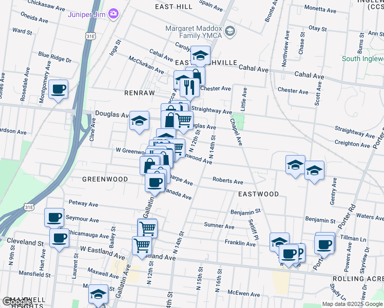 map of restaurants, bars, coffee shops, grocery stores, and more near 1301 Greenwood Avenue in Nashville