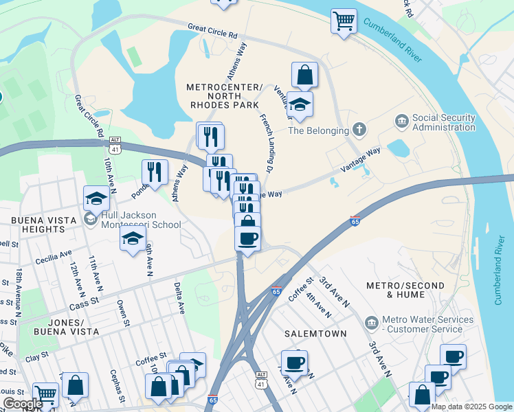 map of restaurants, bars, coffee shops, grocery stores, and more near 148 French Landing Drive in Nashville