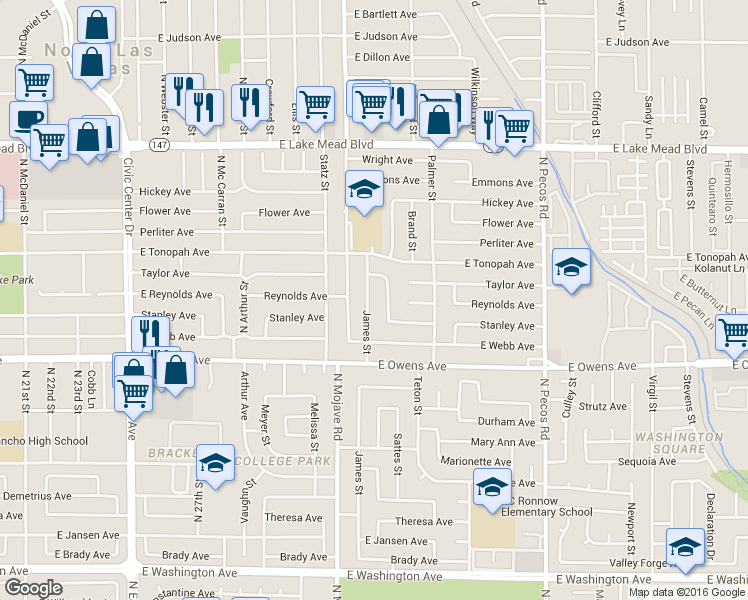 map of restaurants, bars, coffee shops, grocery stores, and more near 1650 James St in North Las Vegas