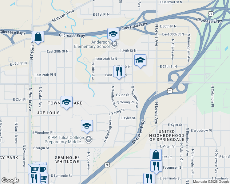 map of restaurants, bars, coffee shops, grocery stores, and more near 2511 N Xanthus Ave in Tulsa