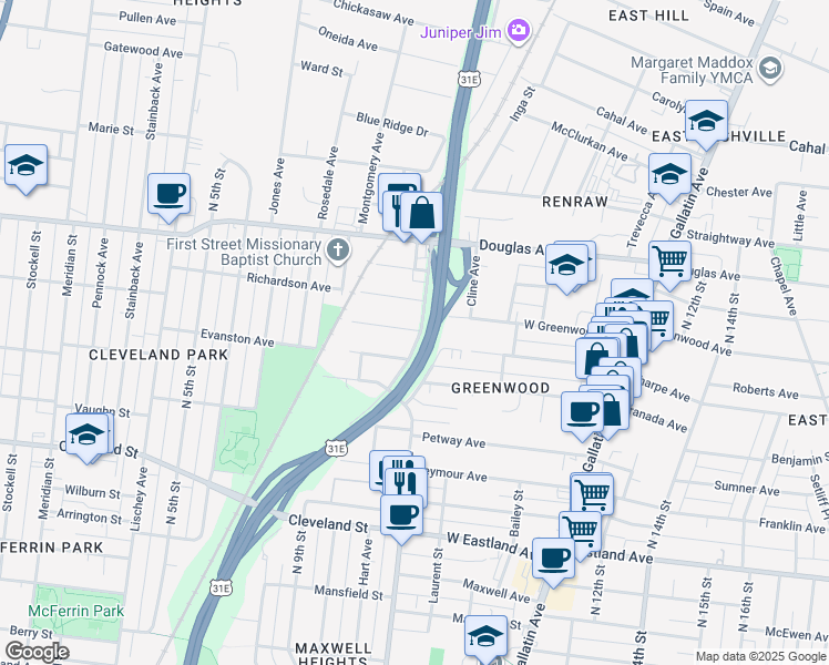 map of restaurants, bars, coffee shops, grocery stores, and more near 898 West Sharpe Avenue in Nashville