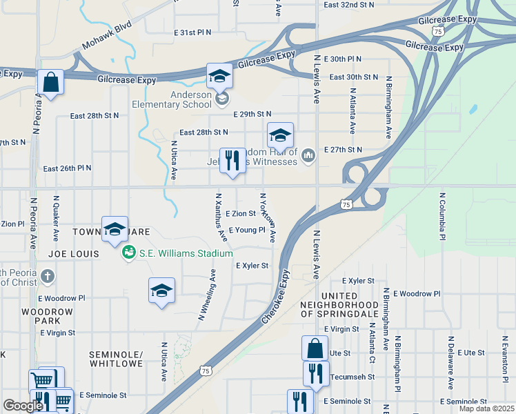map of restaurants, bars, coffee shops, grocery stores, and more near 2049 East Zion Street in Tulsa
