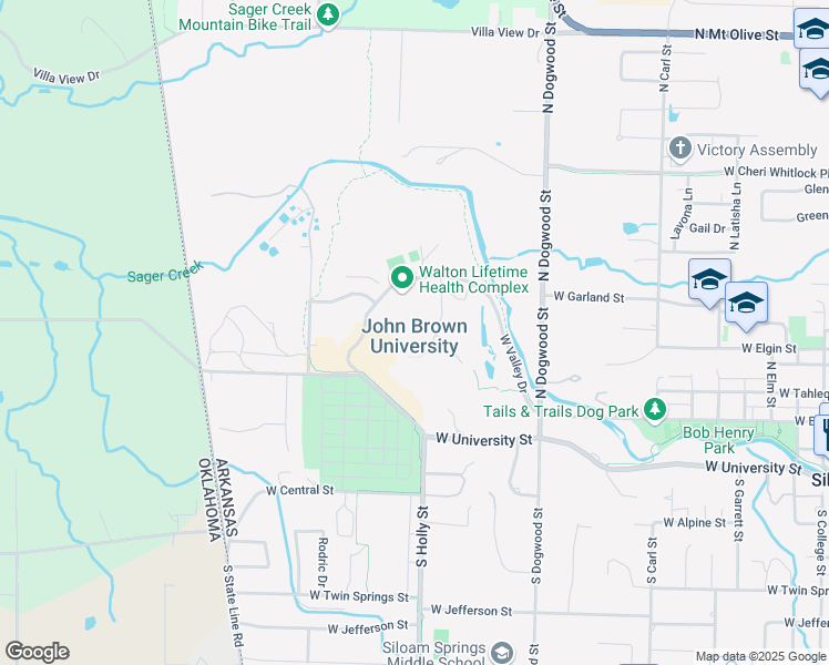 map of restaurants, bars, coffee shops, grocery stores, and more near 2000 West University Street in Siloam Springs