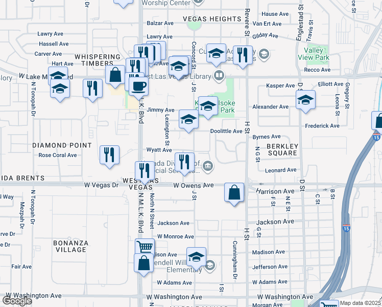 map of restaurants, bars, coffee shops, grocery stores, and more near 1652 J Street in Las Vegas