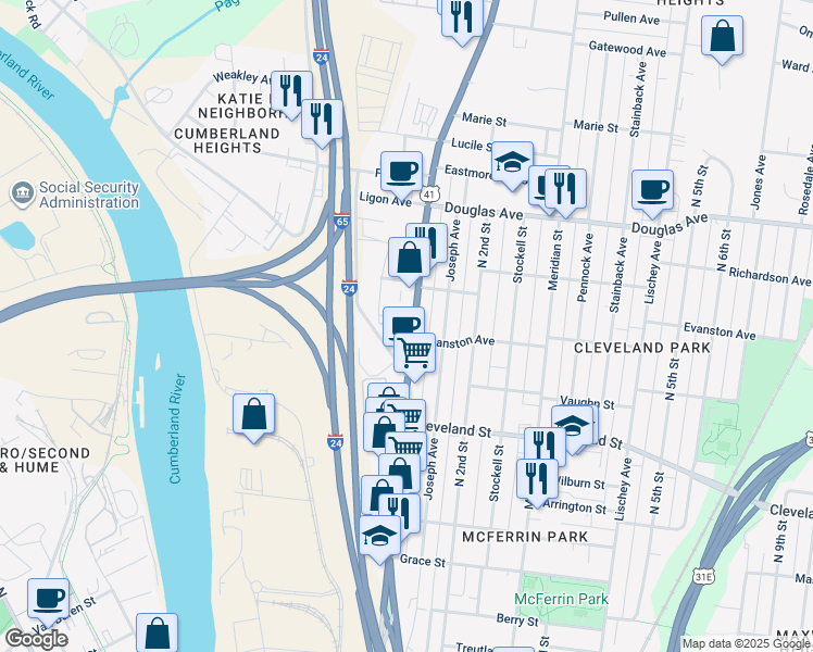 map of restaurants, bars, coffee shops, grocery stores, and more near 1106 Dickerson Pike in Nashville