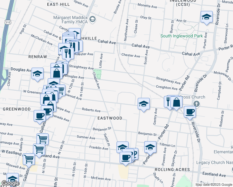 map of restaurants, bars, coffee shops, grocery stores, and more near 1526 McKennie Ave in Nashville