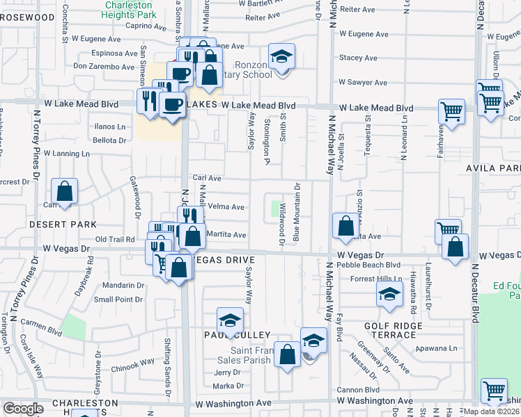 map of restaurants, bars, coffee shops, grocery stores, and more near 1716 North Timber Lane in Las Vegas