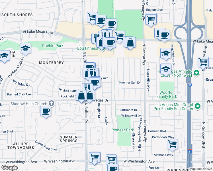 map of restaurants, bars, coffee shops, grocery stores, and more near 7512 Moon Shower Circle in Las Vegas
