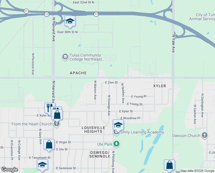 map of restaurants, bars, coffee shops, grocery stores, and more near 2462 North Oswego Avenue in Tulsa