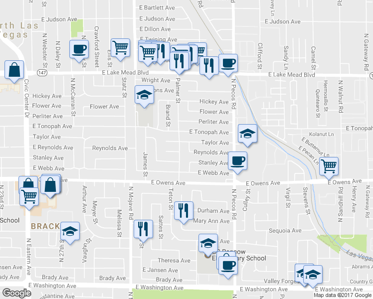 map of restaurants, bars, coffee shops, grocery stores, and more near 1705 Kenneth Street in North Las Vegas